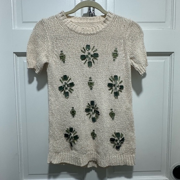 J. Crew Womens Jeweled Medallion Short Sleeve Sweater Linen Cotton Size XS - Picture 2 of 8